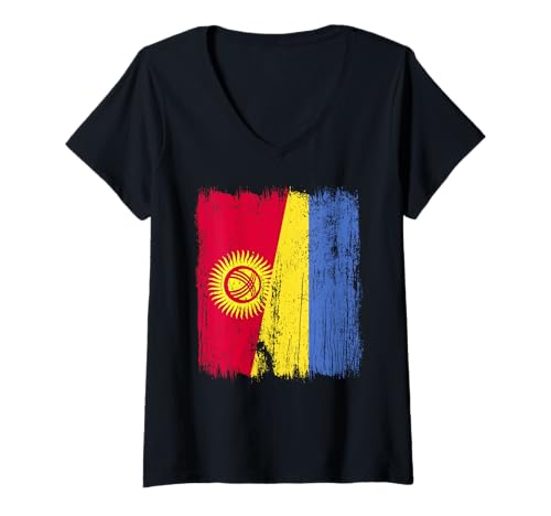 Damen Kirgisistan Ukraine Halbflagge Kirgisisches ukrainisches Erbe T-Shirt mit V-Ausschnitt von Ukraine Flag Designs Proud Ukrainian Roots