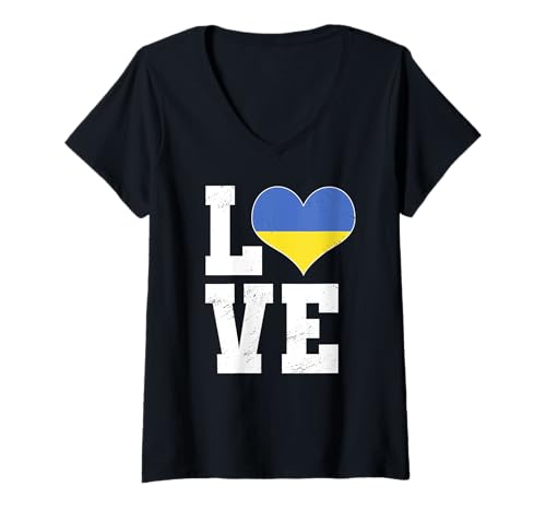 Damen Love Ukraine Herz Flagge Unterstützung Ukrainian Pride T-Shirt mit V-Ausschnitt von Ukraine Flag Designs Proud Ukrainian Roots