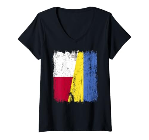 Damen Malta Ukraine Halbflagge Malteser Ukrainisches Erbe T-Shirt mit V-Ausschnitt von Ukraine Flag Designs Proud Ukrainian Roots
