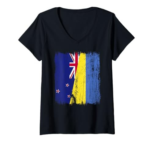 Damen Neuseeland Ukraine Halbflagge Neuseeland Ukrainisches Erbe T-Shirt mit V-Ausschnitt von Ukraine Flag Designs Proud Ukrainian Roots
