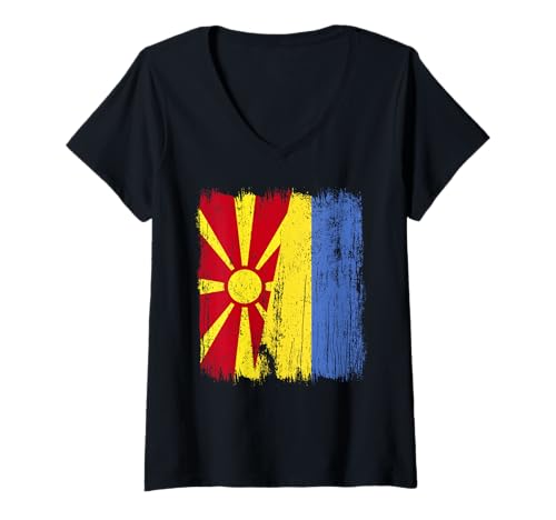 Damen Nordmazedonien Ukraine Halbflagge Nordmazedonisch Ukrainisch T-Shirt mit V-Ausschnitt von Ukraine Flag Designs Proud Ukrainian Roots