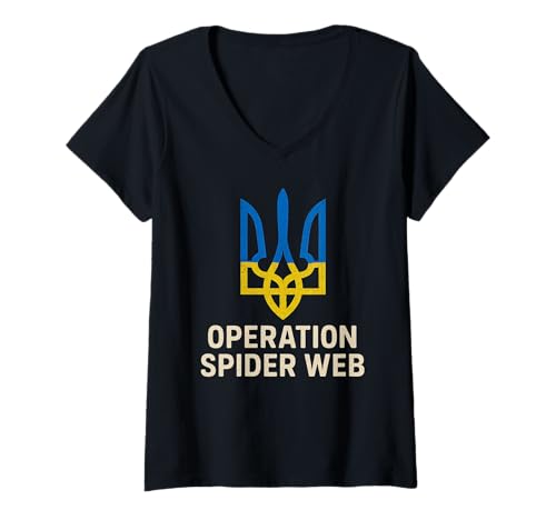 Damen Operation Spinnennetz Ukraine Helden Ukrainisch Tryzub T-Shirt mit V-Ausschnitt von Ukraine Flag Designs Proud Ukrainian Roots