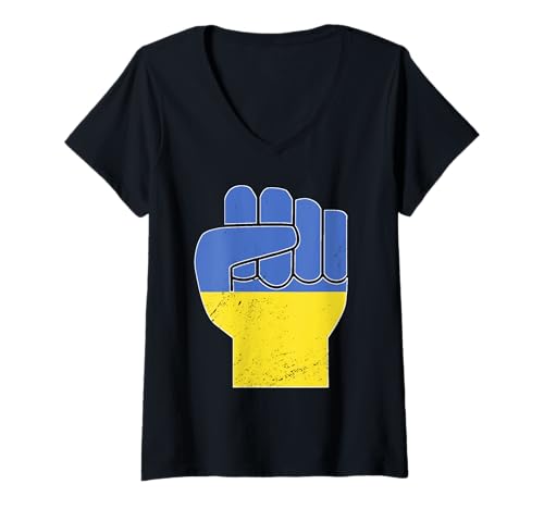 Damen Patriotische Ukraine Erhöhte Faust Stolz Ukrainische Widerstandsfähigkeit T-Shirt mit V-Ausschnitt von Ukraine Flag Designs Proud Ukrainian Roots