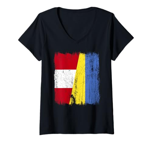 Damen Peru Ukraine halbe Flagge Peruanisches ukrainisches Erbe T-Shirt mit V-Ausschnitt von Ukraine Flag Designs Proud Ukrainian Roots