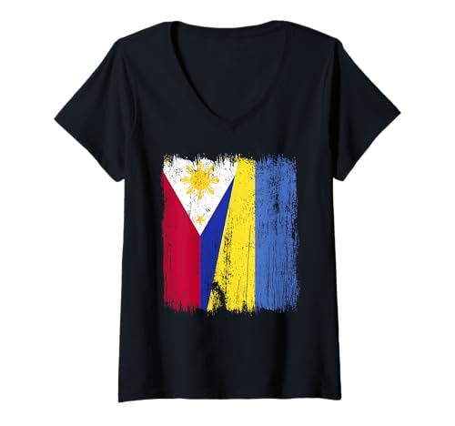 Damen Philippinen Ukraine Halbe Flagge Filipino Ukrainisches Erbe T-Shirt mit V-Ausschnitt von Ukraine Flag Designs Proud Ukrainian Roots