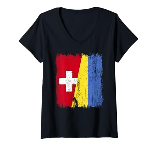 Damen Schweiz Ukraine Halbflagge Schweiz Ukrainisches Erbe T-Shirt mit V-Ausschnitt von Ukraine Flag Designs Proud Ukrainian Roots
