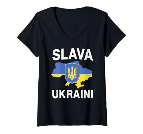 Damen Slava Ukraini Ukraine Karte Unterstützung Ukrainian Pride T-Shirt mit V-Ausschnitt von Ukraine Flag Designs Proud Ukrainian Roots