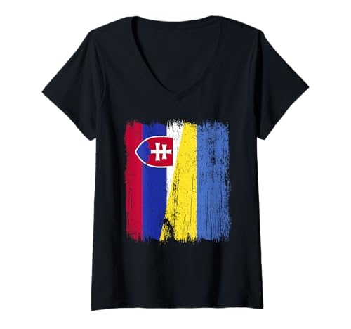 Damen Slowakei Ukraine Halbflagge Slowakisch Ukrainisches Erbe T-Shirt mit V-Ausschnitt von Ukraine Flag Designs Proud Ukrainian Roots