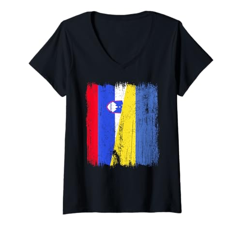 Damen Slowenien Ukraine halbe Flagge Slowenisch Ukrainisches Erbe T-Shirt mit V-Ausschnitt von Ukraine Flag Designs Proud Ukrainian Roots