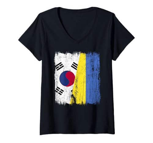 Damen Südkorea Ukraine Halbflagge Südkorea Ukrainisches Trikot T-Shirt mit V-Ausschnitt von Ukraine Flag Designs Proud Ukrainian Roots