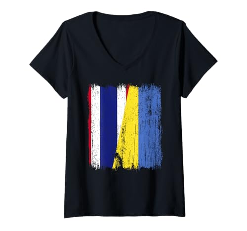Damen Thailand Ukraine Halbflagge Thai Ukrainisches Erbe T-Shirt mit V-Ausschnitt von Ukraine Flag Designs Proud Ukrainian Roots