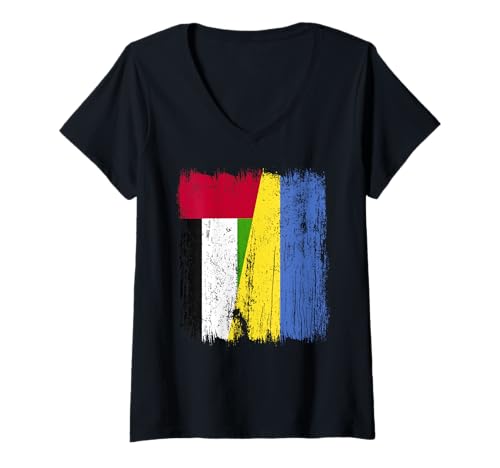 Damen UAE Ukraine Halbflagge Emirati Ukrainisches Erbe T-Shirt mit V-Ausschnitt von Ukraine Flag Designs Proud Ukrainian Roots