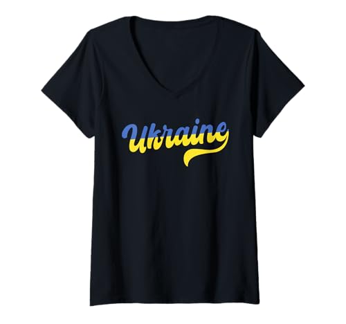 Damen Ukraine Blau Gelb Schriftsatz Design Unterstützung Ukrainian Pride T-Shirt mit V-Ausschnitt von Ukraine Flag Designs Proud Ukrainian Roots