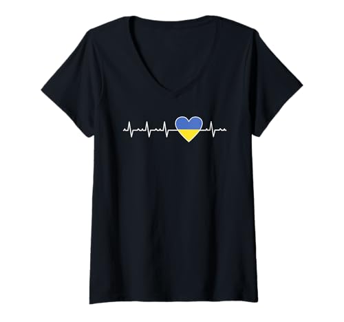 Damen Ukraine Herzschlag Flagge Unterstützung Ukrainian Pride T-Shirt mit V-Ausschnitt von Ukraine Flag Designs Proud Ukrainian Roots