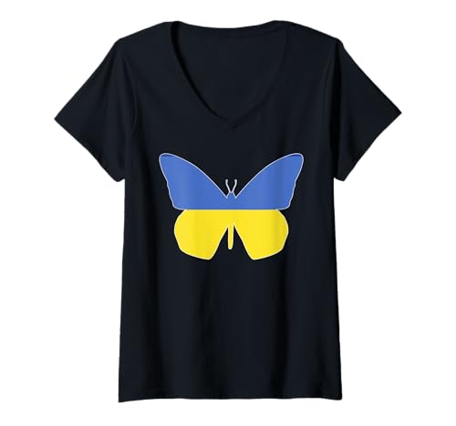 Damen Ukraine Schmetterling Design Blau Gelb Ukrainian Pride T-Shirt mit V-Ausschnitt von Ukraine Flag Designs Proud Ukrainian Roots