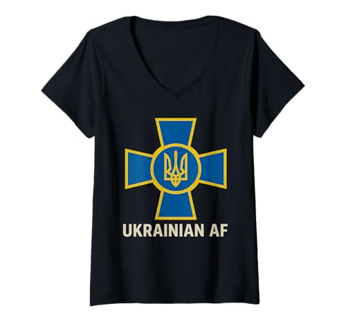 Damen Ukrainische AF Ukraine Streitkräfte Emblem Tryzub Ukraine T-Shirt mit V-Ausschnitt von Ukraine Flag Designs Proud Ukrainian Roots