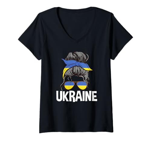 Damen Ukrainisches Mädchen Unordentlicher Haarknoten Ukrainische Frau Pride T-Shirt mit V-Ausschnitt von Ukraine Flag Designs Proud Ukrainian Roots