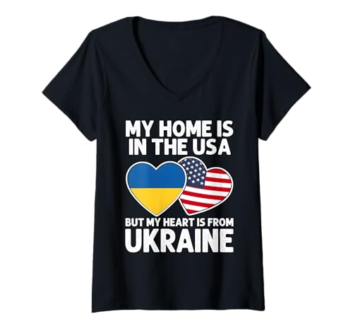 Damen Mein Zuhause, USA, Mein Herz, Ukraine, ukrainische amerikanische Pride-Flagge T-Shirt mit V-Ausschnitt Damen Mein Zuhause, USA, Mein Herz, Ukraine, ukrainische amerikanische Pride-Flagge T-Shirt mit V-Ausschnitt von Ukraine Pride Flag Apparel