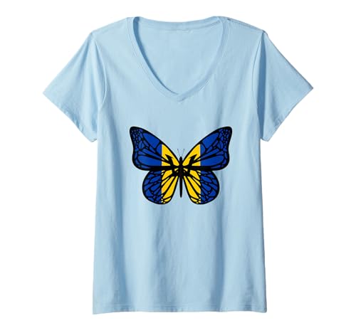 Damen Ukraine-Flagge, Farbiger Schmetterling – Tryzub-Dreizack T-Shirt mit V-Ausschnitt Damen Ukraine-Flagge, Farbiger Schmetterling – Tryzub-Dreizack T-Shirt mit V-Ausschnitt von Ukrainian Symbols