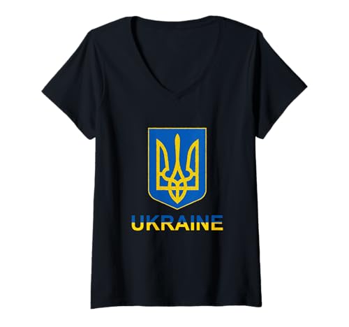 Damen Ukraine Tryzub Emblem Schild Design Nationalfarben T-Shirt mit V-Ausschnitt von Ukrainian Tryzub Crest Patriotic Flag Apparel