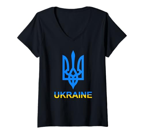 Damen Moderne Ukraine Tryzub Emblem kühne Nationalsymbol Kunst T-Shirt mit V-Ausschnitt von Ukrainian Tryzub Flag Emblem Bold Pride Apparel
