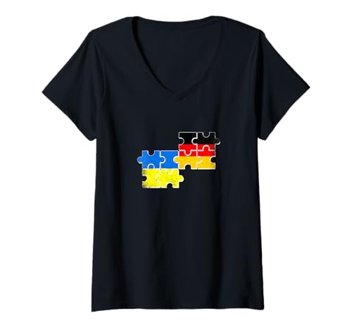Damen Ukraine Deutschland Vintage Flagge Deutscher Ukrainer T-Shirt mit V-Ausschnitt von Ukrainische Stolz Ukrajina Ukraine Geschenke