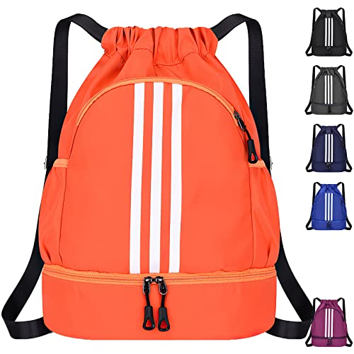 Uktunu Turnbeutel mit Tunnelzug 40 * 33cm - 2 Außennetzfach Schuhfach + Innenfach - Wasserdichter Sportbeutel Zuziehbeutel für Jungen & Mädchen - Kompakt Leicht Sportsack - 10L (Orange) von Uktunu