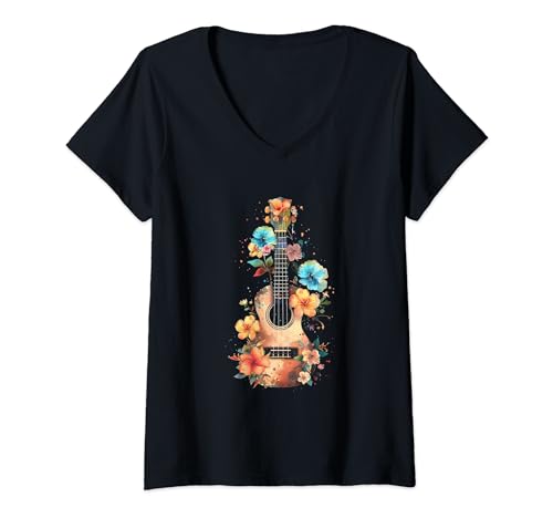 Damen Ukulele Aquarellblumen T-Shirt mit V-Ausschnitt Damen Ukulele Aquarellblumen T-Shirt mit V-Ausschnitt von Ukulele Aquarell Blumen Geschenk Kleidung