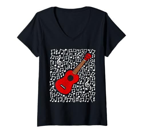 Damen Ukulele, Musiknoten, Musiklehrer T-Shirt mit V-Ausschnitt von Ukulele Teacher Notation Uke Player By DoodleRob