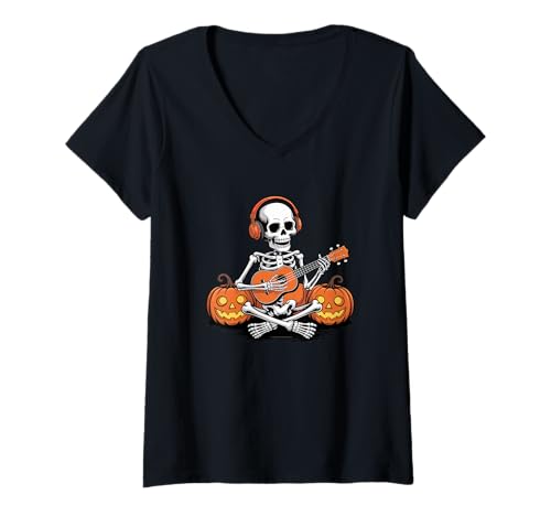 Damen Halloween Skelett Ukulele Uke Spieler T-Shirt mit V-Ausschnitt von Ukulele-geschenk Für Einen Ukulele-spieler