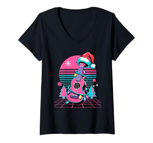 Damen Weihnachten Synthwave Ukulele Uke Spieler T-Shirt mit V-Ausschnitt von Ukulele-geschenk Für Einen Ukulele-spieler