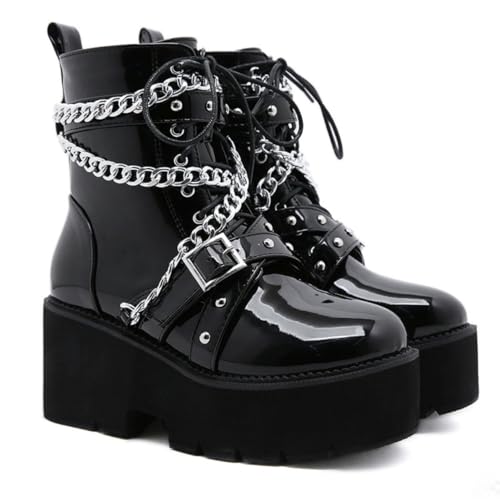 Damen Goth Plattform Stiefeletten Schnallen Chunky Block Keil Seite Reißverschluss Heels Runde Zehe Punk Motorrad Bequeme Kurze Gothic Booties High Heel Lace Up Studded Stacked von Ulalaza