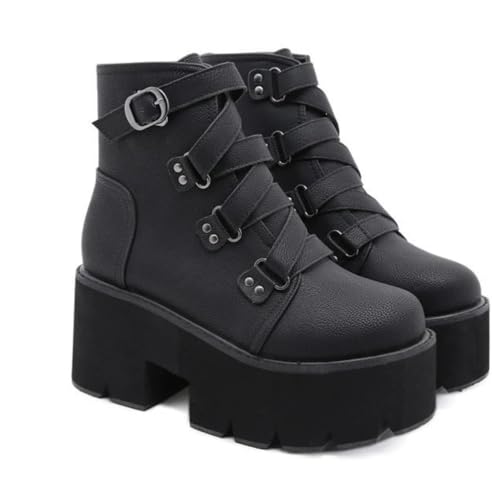 Damen Goth Plattform Stiefeletten Schnallen Chunky Block Keil Seite Reißverschluss Heels Runde Zehe Punk Motorrad Bequeme Kurze Gothic Booties High Heel Lace Up Studded Stacked von Ulalaza
