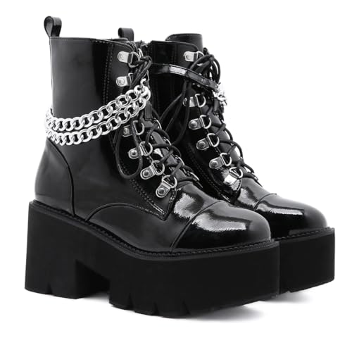 Damen Goth Plattform Stiefeletten Schnallen Chunky Block Keil Seite Reißverschluss Heels Runde Zehe Punk Motorrad Bequeme Kurze Gothic Booties High Heel Lace Up Studded Stacked von Ulalaza