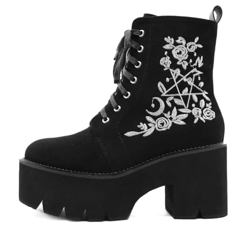 Damen Goth Plattform Stiefeletten Schnallen Chunky Block Keil Seite Reißverschluss Heels Runde Zehe Punk Motorrad Bequeme Kurze Gothic Booties High Heel Lace Up Studded Stacked von Ulalaza