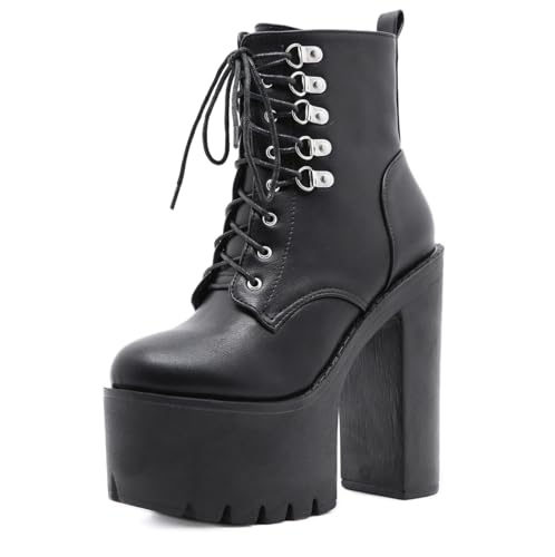 Damen Goth Plattform Stiefeletten Schnallen Chunky Block Keil Seite Reißverschluss Heels Runde Zehe Punk Motorrad Bequeme Kurze Gothic Booties High Heel Lace Up Studded Stacked von Ulalaza