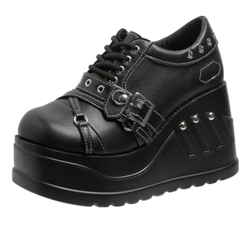 Damen Goth Plattform Stiefeletten Schnallen Chunky Block Keil Seite Reißverschluss Heels Runde Zehe Punk Motorrad Bequeme Kurze Gothic Booties High Heel Lace Up Studded Stacked von Ulalaza
