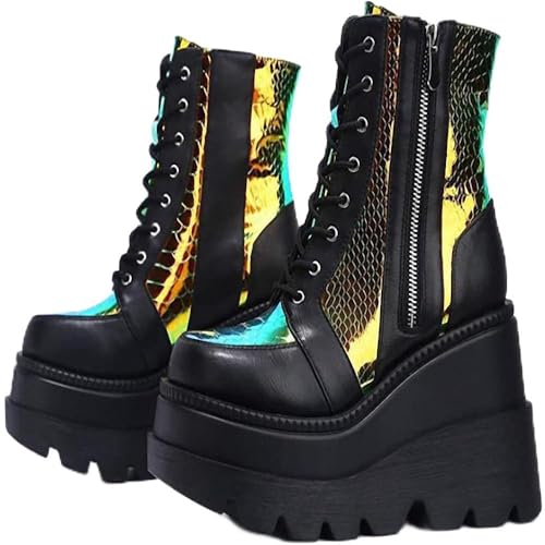 Damen-Gothic-Stiefeletten mit Plateau und Fledermausschnallen, klobige Absätze, runde Zehenpartie, Reißverschluss, Punk-Motorrad-Kampfstiefel, Bequeme Kurze Gothic-Stiefeletten von Ulalaza