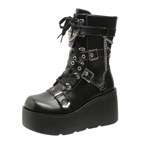 Damen-Gothic-Stiefeletten mit Plateau und Fledermausschnallen, klobige Absätze, runde Zehenpartie, Reißverschluss, Punk-Motorrad-Kampfstiefel, bequeme kurze Gothic-Stiefeletten von Ulalaza