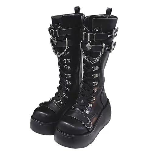 Damen-Gothic-Stiefeletten mit Plateau und Fledermausschnallen, klobige Absätze, runde Zehenpartie, Reißverschluss, Punk-Motorrad-Kampfstiefel, bequeme kurze Gothic-Stiefeletten von Ulalaza