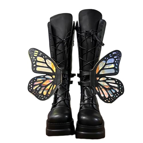 Damen-Gothic-Stiefeletten mit Plateau und Fledermausschnallen, klobige Absätze, runde Zehenpartie, Reißverschluss, Punk-Motorrad-Kampfstiefel, bequeme kurze Gothic-Stiefeletten von Ulalaza
