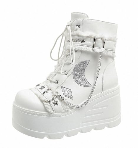 Damen-Gothic-Stiefeletten mit Plateau und Fledermausschnallen, klobige Absätze, runde Zehenpartie, Reißverschluss, Punk-Motorrad-Kampfstiefel, bequeme kurze Gothic-Stiefeletten von Ulalaza