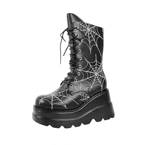 Damen-Gothic-Stiefeletten mit Plateau und Fledermausschnallen, klobige Absätze, runde Zehenpartie, Reißverschluss, Punk-Motorrad-Kampfstiefel, bequeme kurze Gothic-Stiefeletten von Ulalaza