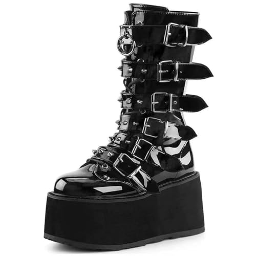 Damen-Gothic-Stiefeletten mit Plateau und Fledermausschnallen, klobige Absätze, runde Zehenpartie, Reißverschluss, Punk-Motorrad-Kampfstiefel, bequeme kurze Gothic-Stiefeletten von Ulalaza