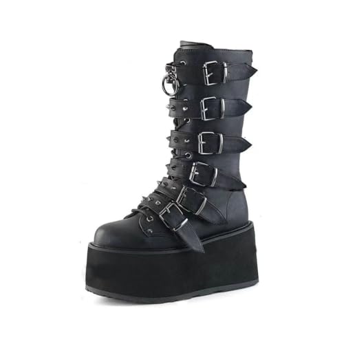 Damen-Gothic-Stiefeletten mit Plateau und Fledermausschnallen, klobige Absätze, runde Zehenpartie, Reißverschluss, Punk-Motorrad-Kampfstiefel, bequeme kurze Gothic-Stiefeletten von Ulalaza