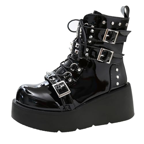 Damen-Gothic-Stiefeletten mit Plateau und Fledermausschnallen, klobige Absätze, runde Zehenpartie, Reißverschluss, Punk-Motorrad-Kampfstiefel, bequeme kurze Gothic-Stiefeletten von Ulalaza