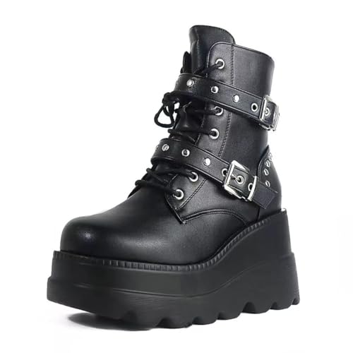 Damen-Gothic-Stiefeletten mit Plateau und Fledermausschnallen, klobige Absätze, runde Zehenpartie, Reißverschluss, Punk-Motorrad-Kampfstiefel, bequeme kurze Gothic-Stiefeletten von Ulalaza