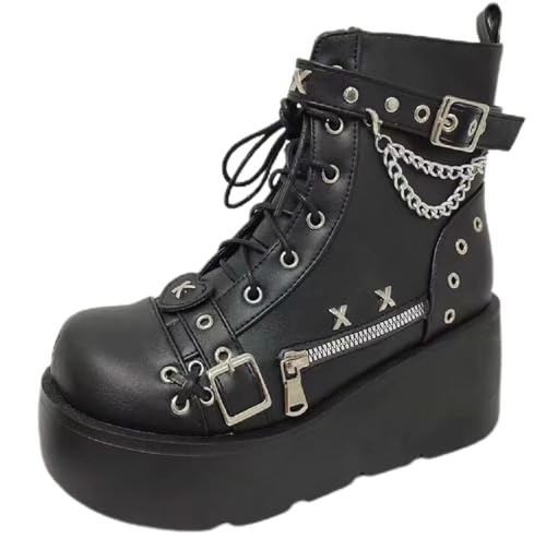 Damen-Gothic-Stiefeletten mit Plateau und Fledermausschnallen, klobige Absätze, runde Zehenpartie, Reißverschluss, Punk-Motorrad-Kampfstiefel, bequeme kurze Gothic-Stiefeletten von Ulalaza