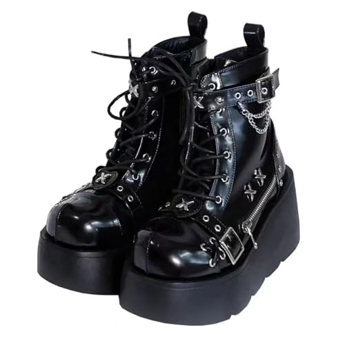 Damen-Gothic-Stiefeletten mit Plateau und Fledermausschnallen, klobige Absätze, runde Zehenpartie, Reißverschluss, Punk-Motorrad-Kampfstiefel, bequeme kurze Gothic-Stiefeletten von Ulalaza