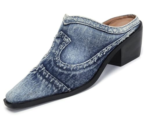 Damen-Jeans-Slipper, lässig, Jean-Stoff, flache Pantoletten, offene Zehen, Keil-Hausschuhe, Plateau-Clogs, rutschfeste Boho-Sandalen, geschlossene, spitze Zehen-Absätze, rückenfreie Slip-On-Loafer von Ulalaza